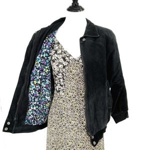 Vintage Suede Leather Bomber Jacket Black Purple Floral Line Y2k Punk Goth S/M